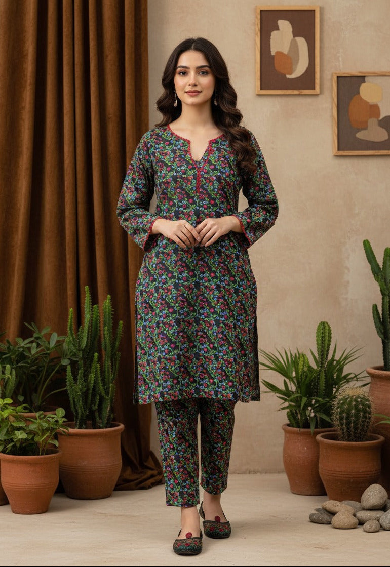 Woman wearing a floral dress standing in a room with plants and framed pictures on the wall.