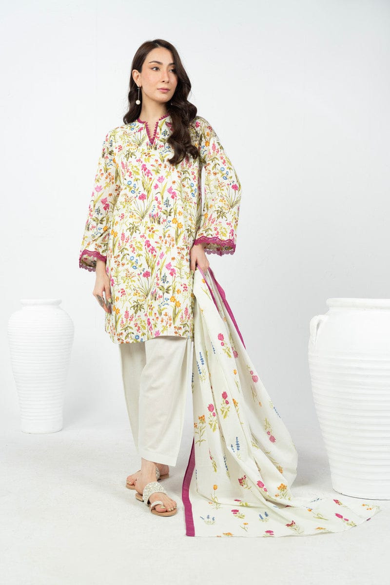 Woman wearing a floral outfit with a white background