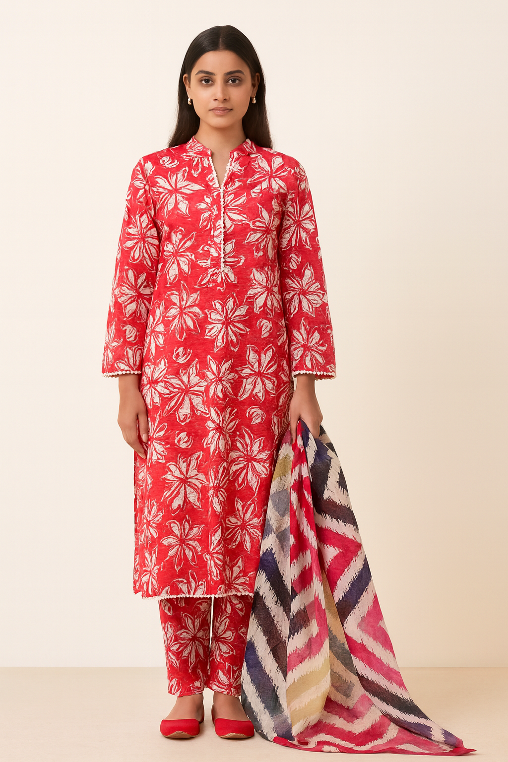 Woman wearing a red floral outfit with a multicolored dupatta on a beige background