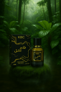 KBC perfume bottle and packaging in a forest setting