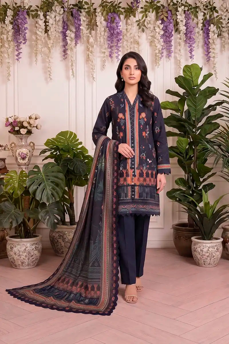 Zsh Stitched 3pc Printed Lawn Suit (Navy Blue)