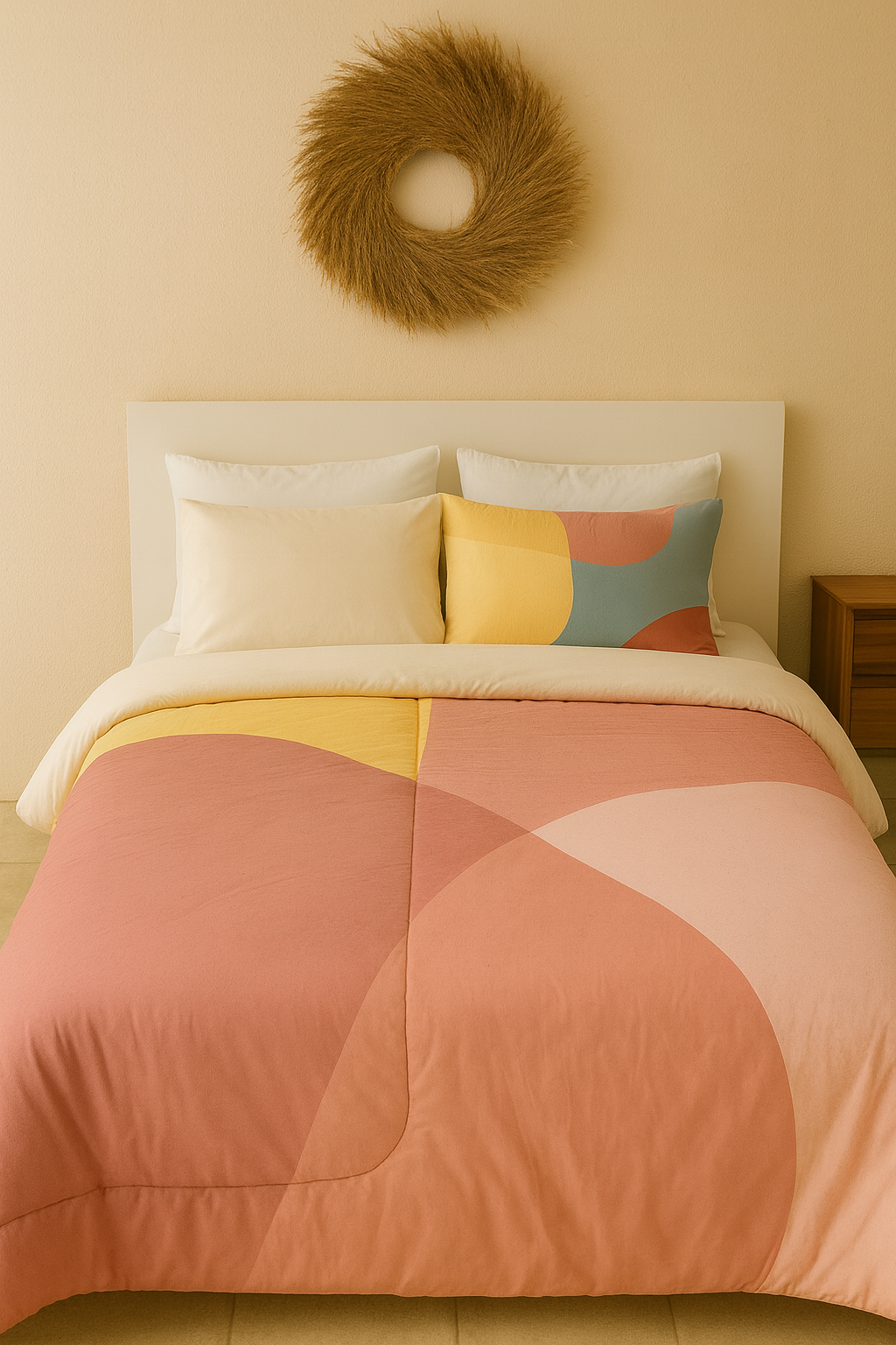 Bed with geometric patterned bedding against a beige wall with a decorative wreath.