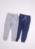 Gray and blue jogger pants on a white background