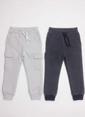 Two pairs of gray jogger pants on a white background