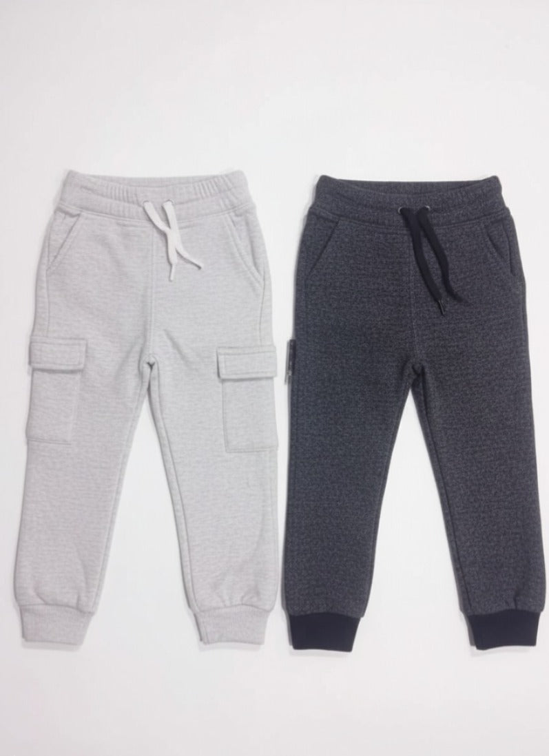 Two pairs of gray jogger pants on a white background