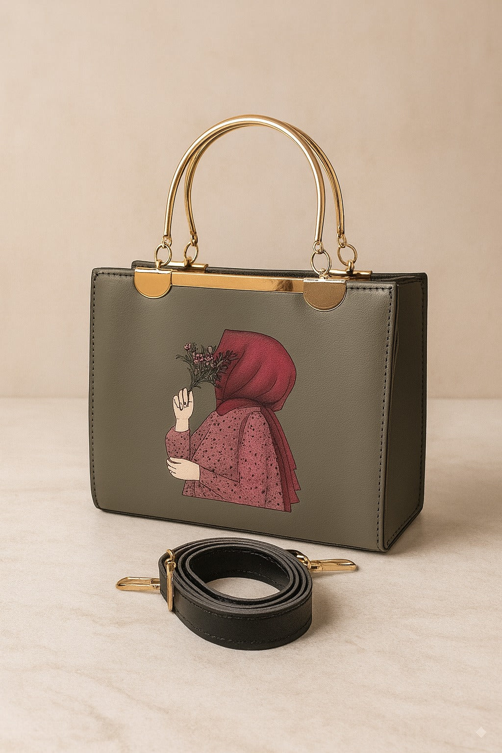 gray handbag with gold handle and black strap on a beige background