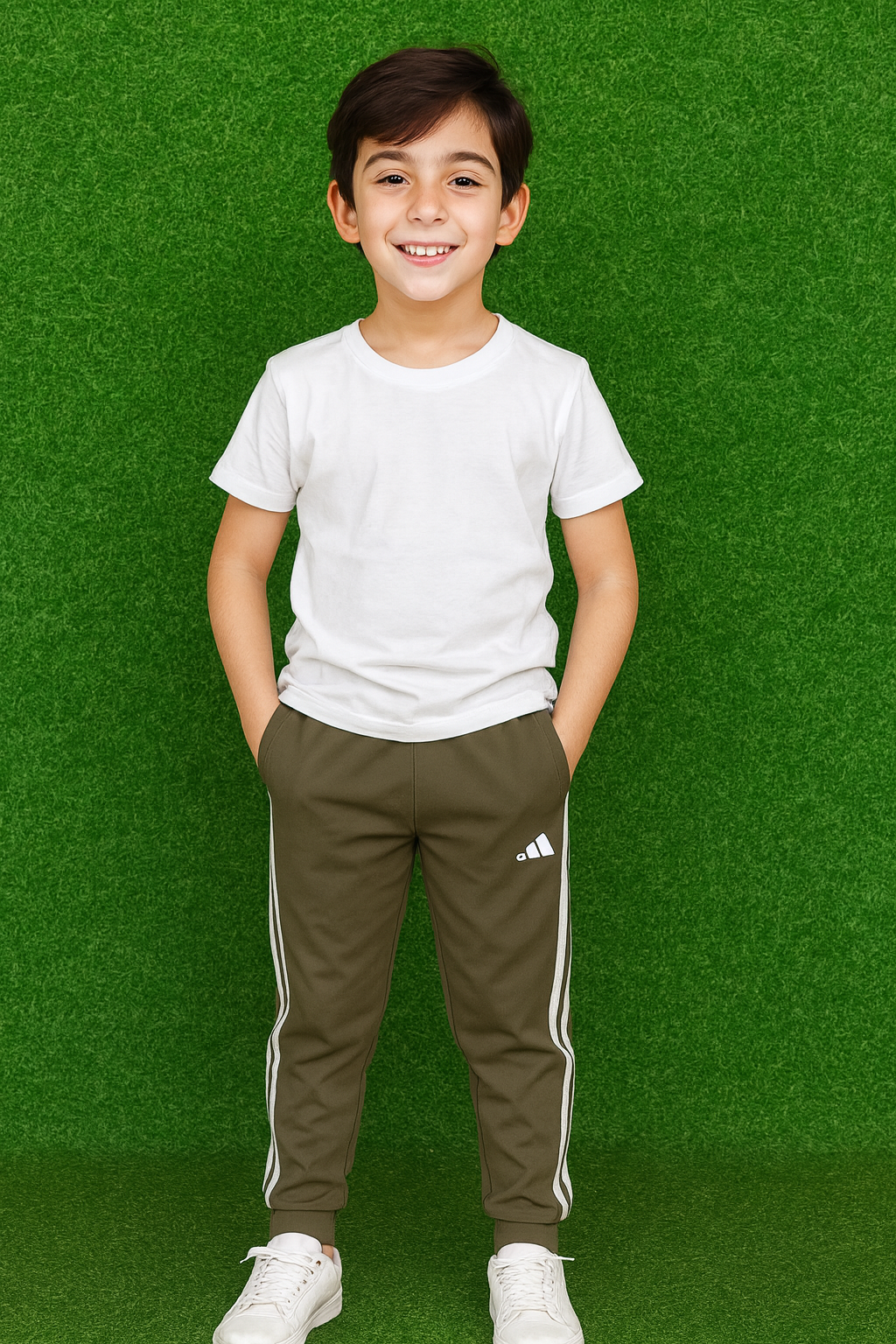Child wearing a white t-shirt and green Adidas trouser with a green background