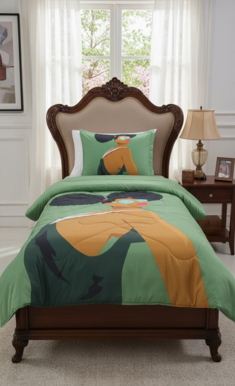 Bed with green  comforter featuring a stylized human figure, in a room with a lamp and window.