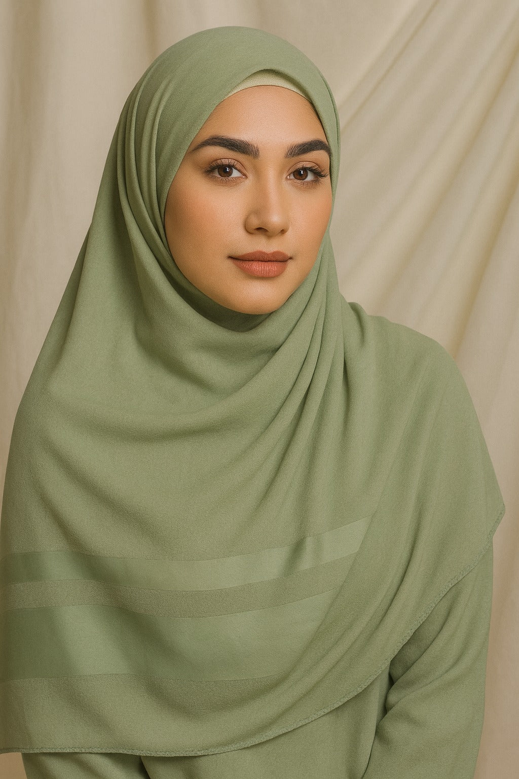 Woman wearing a green hijab and outfit against a beige background