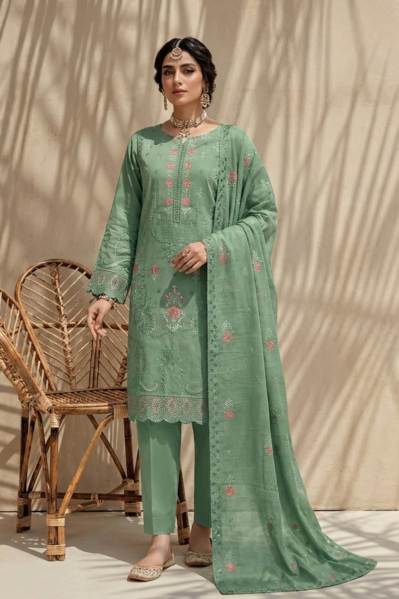 Kiran by Breeza Fashion - 3PC Unstitched Embroidered Lawn Suit (Pista)