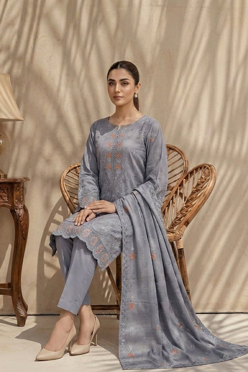 Kiran by Breeza Fashion - 3PC Unstitched Embroidered Lawn Suit (Gray)