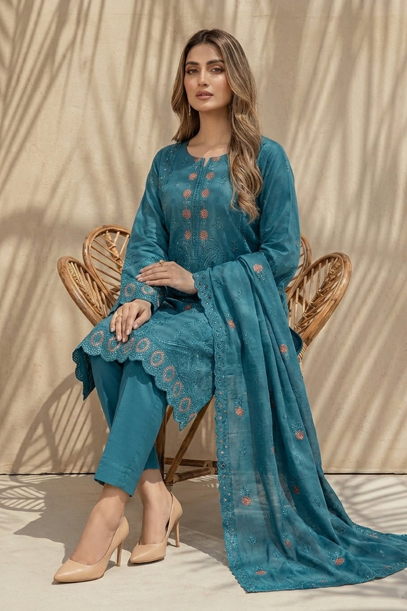 Kiran by Breeza Fashion - 3PC Unstitched Embroidered Lawn Suit (Light Blue)
