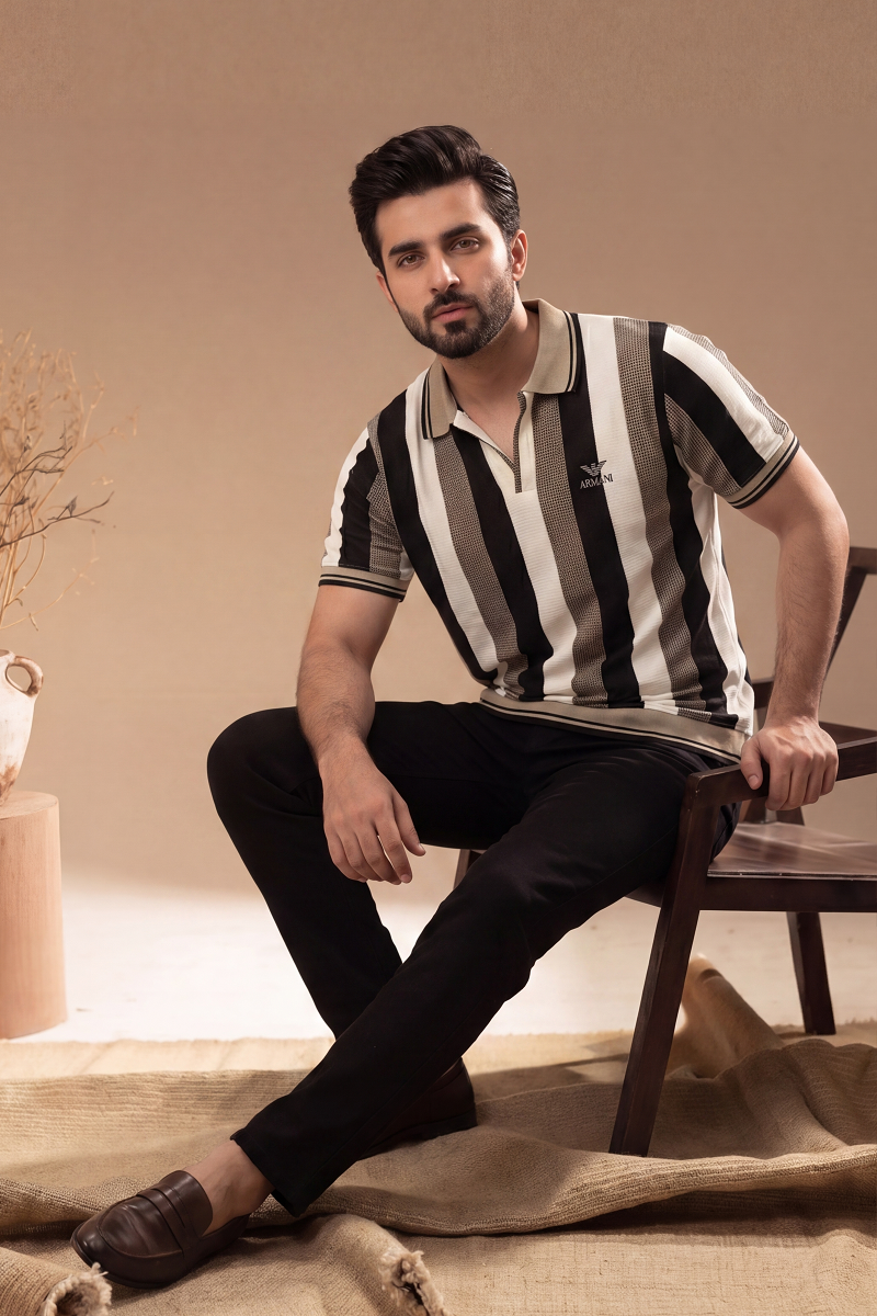 Men’s Vertical Stripe Old Money Polo Shirt | V Neck (Beige Black Cream)