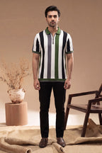 Men’s Vertical Stripe Old Money Polo Shirt | Zipper Coller (Black Green)