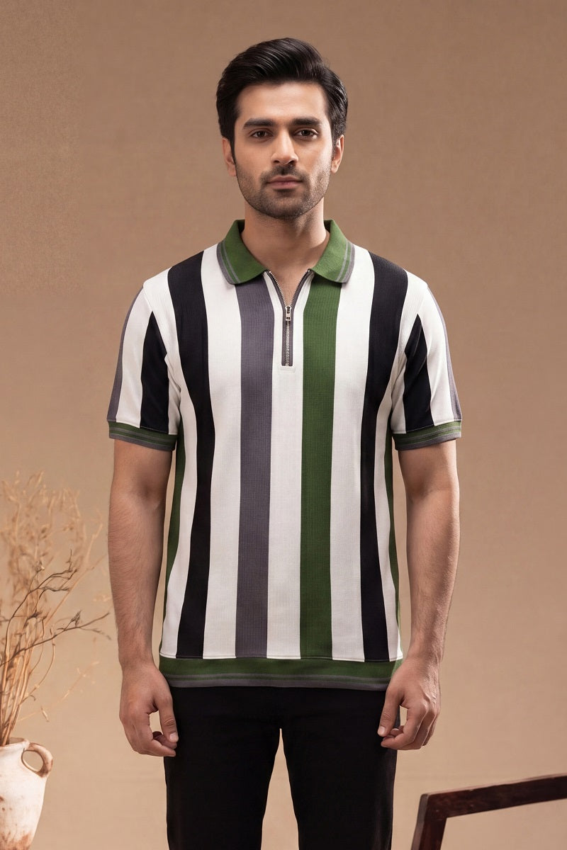 Men’s Vertical Stripe Old Money Polo Shirt | Zipper Coller (Black Green)