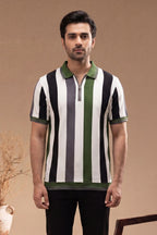 Men’s Vertical Stripe Old Money Polo Shirt | Zipper Coller (Black Green)