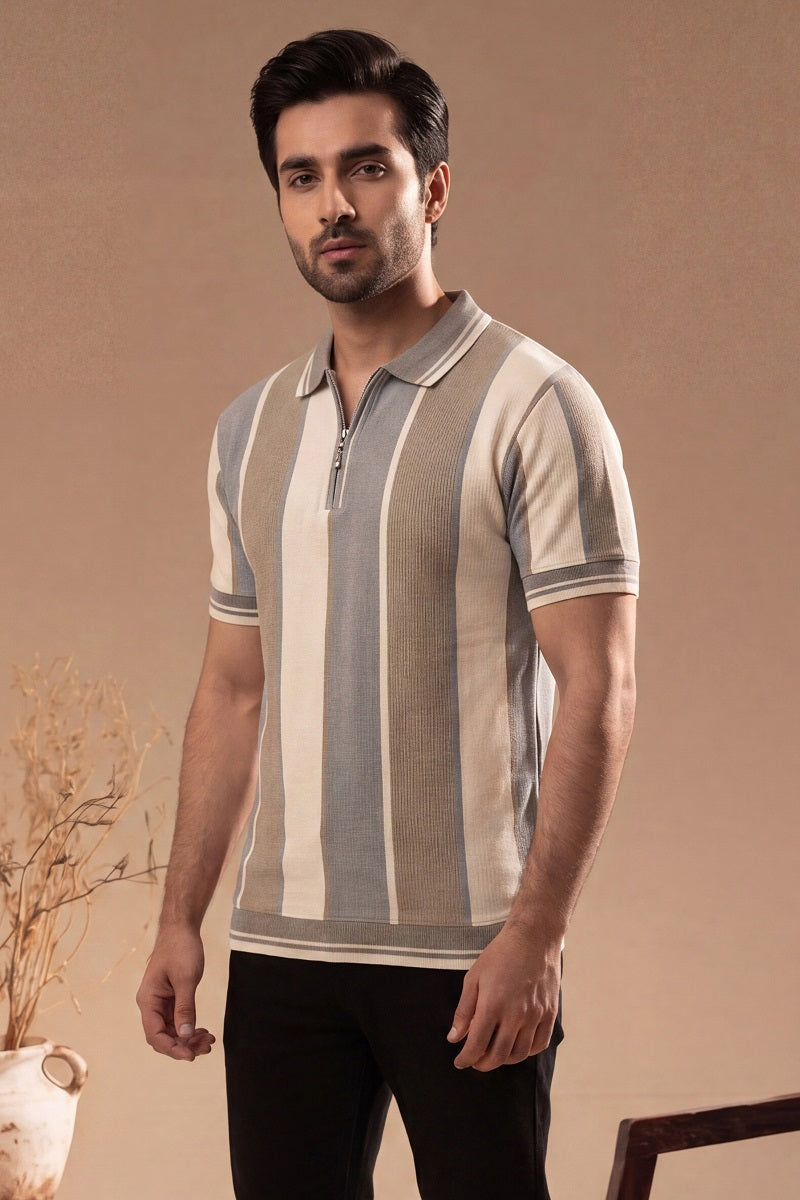 Men’s Vertical Stripe Old Money Polo Shirt | Zipper Coller (Brown Beige)