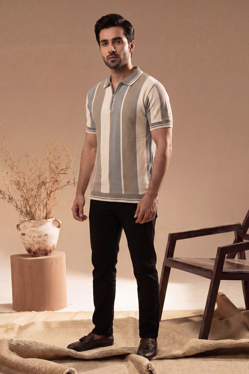 Men’s Vertical Stripe Old Money Polo Shirt | Zipper Coller (Brown Beige)