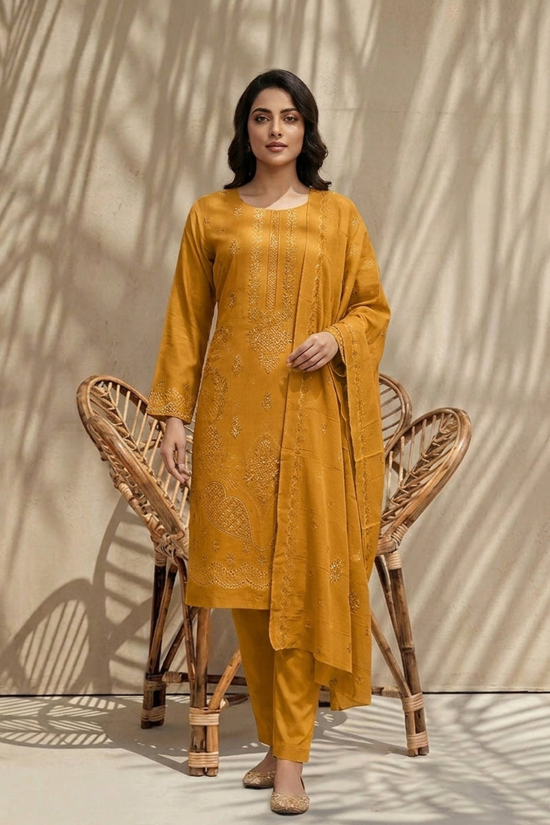 Maliha by Breeza Fashion - 3PC Unstitched Embroidered Lawn Suit (Yellow)
