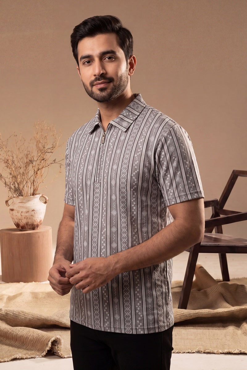 Men’s Vertical Stripe Old Money Polo Shirt | Zipper Coller (Gray)