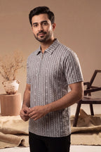 Men’s Vertical Stripe Old Money Polo Shirt | Zipper Coller (Gray)