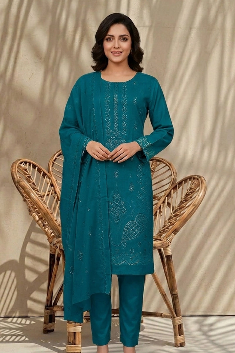 Maliha by Breeza Fashion - 3PC Unstitched Embroidered Lawn Suit (Teal Blue)