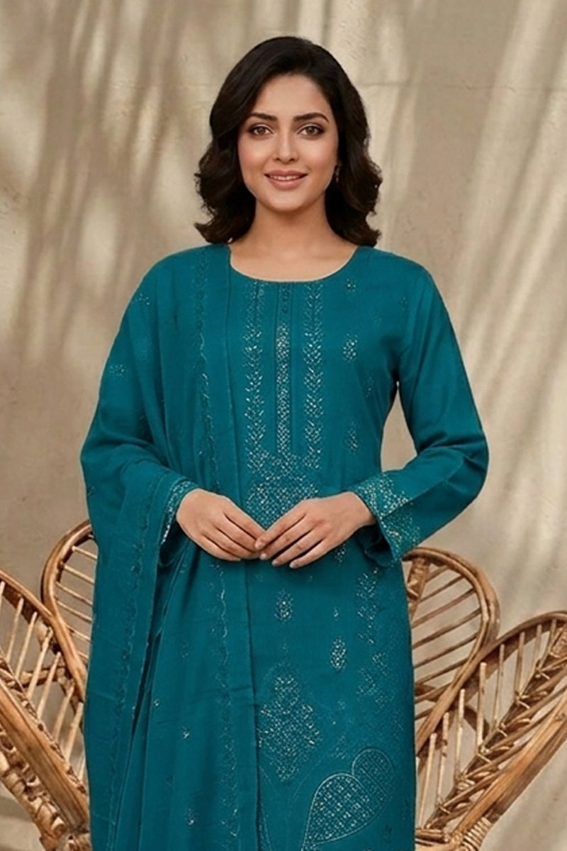 Maliha by Breeza Fashion - 3PC Unstitched Embroidered Lawn Suit (Teal Blue)