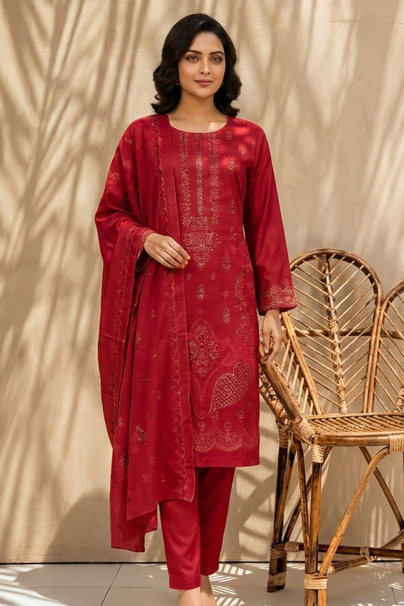 Maliha by Breeza Fashion - 3PC Unstitched Embroidered Lawn Suit (Red)