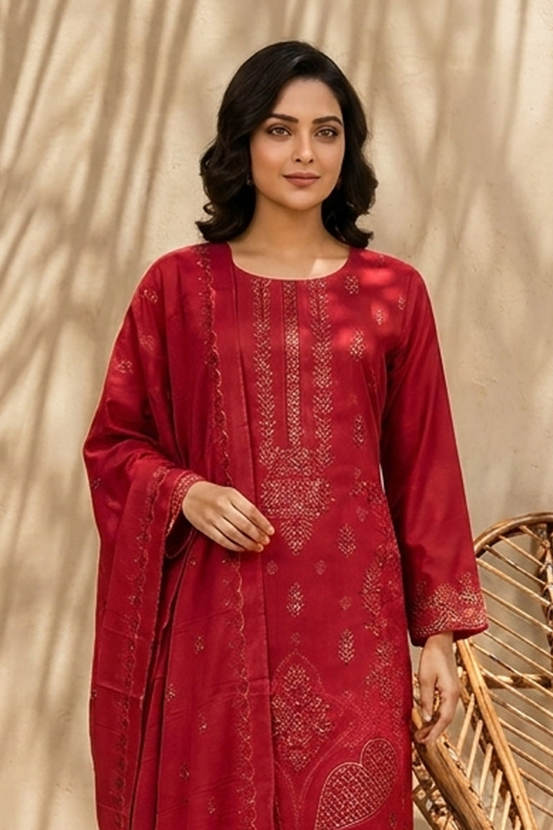 Maliha by Breeza Fashion - 3PC Unstitched Embroidered Lawn Suit (Red)