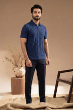 Men’s Vertical Stripe Old Money Polo Shirt | Zipper Coller (Navy Blue)