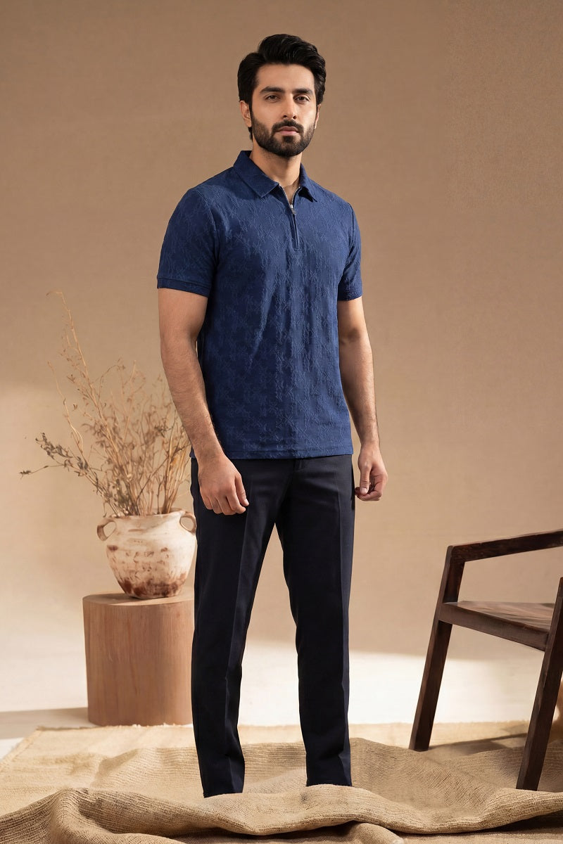 Men’s Vertical Stripe Old Money Polo Shirt | Zipper Coller (Navy Blue)