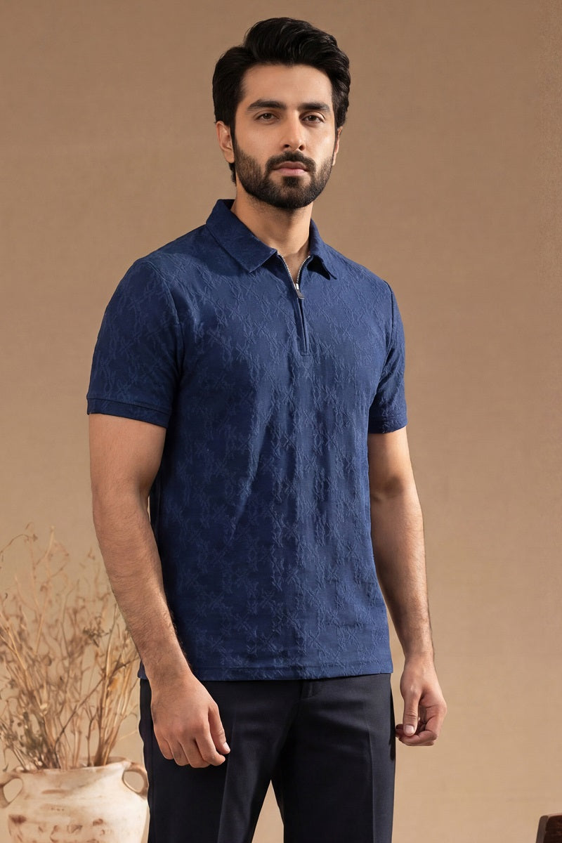 Men’s Vertical Stripe Old Money Polo Shirt | Zipper Coller (Navy Blue)