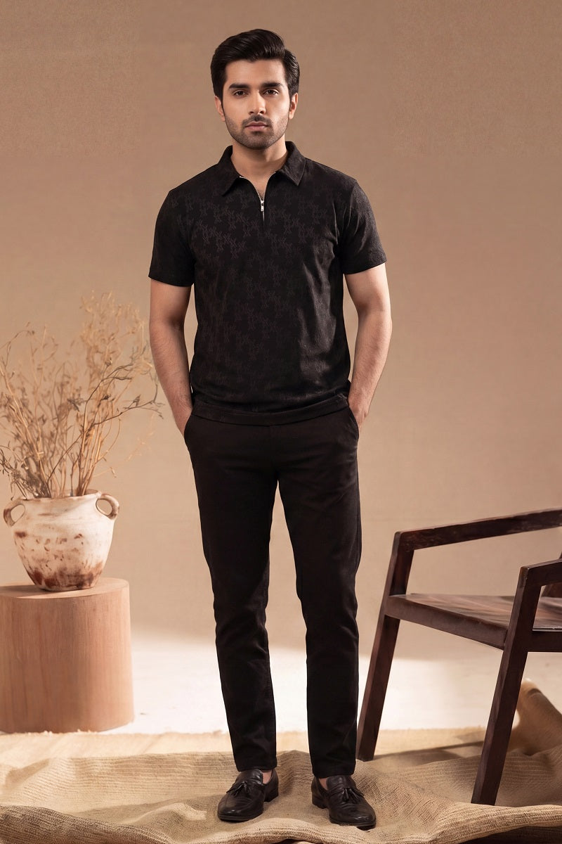 Men’s Vertical Stripe Old Money Polo Shirt | Zipper Coller (Black)