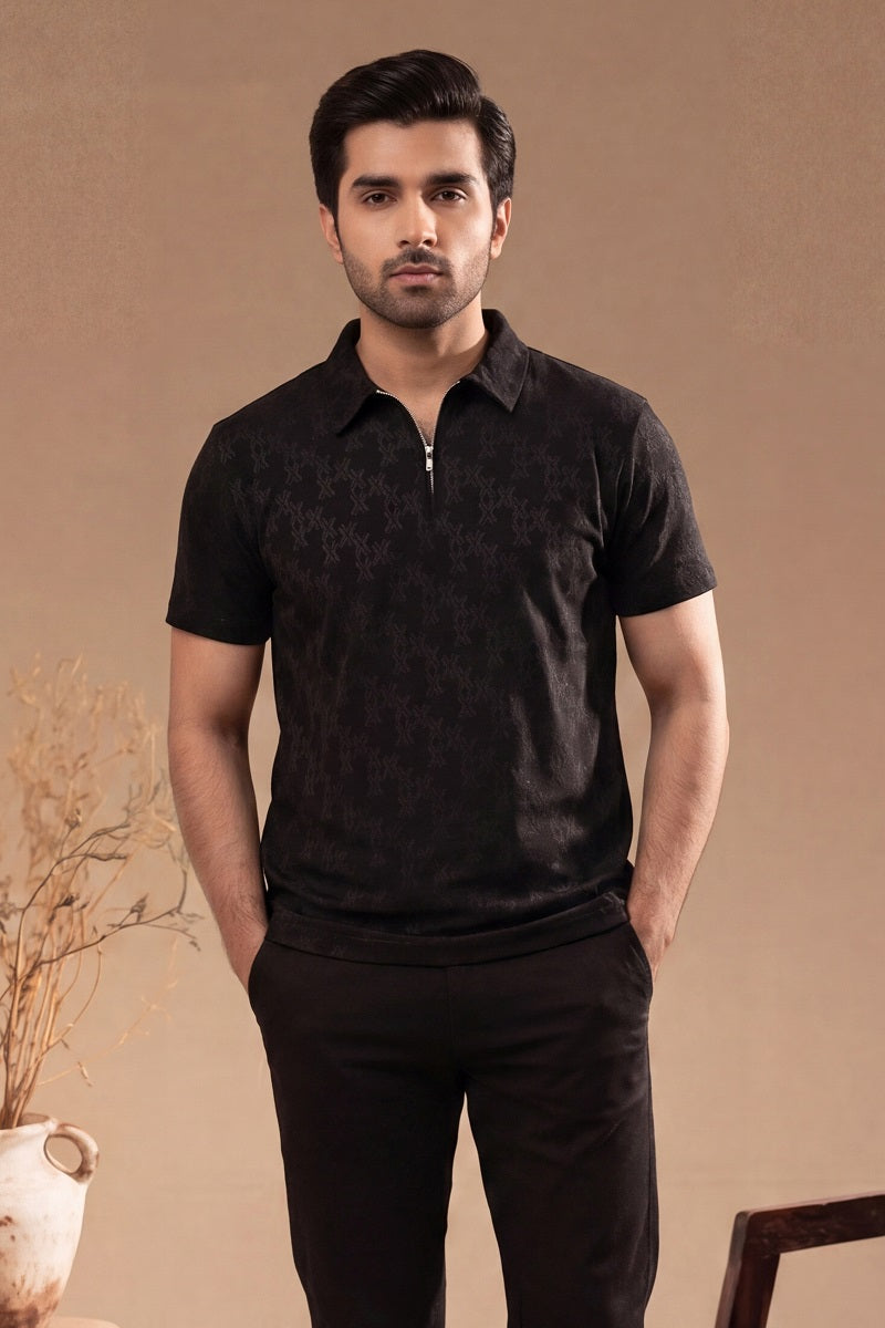 Men’s Vertical Stripe Old Money Polo Shirt | Zipper Coller (Black)