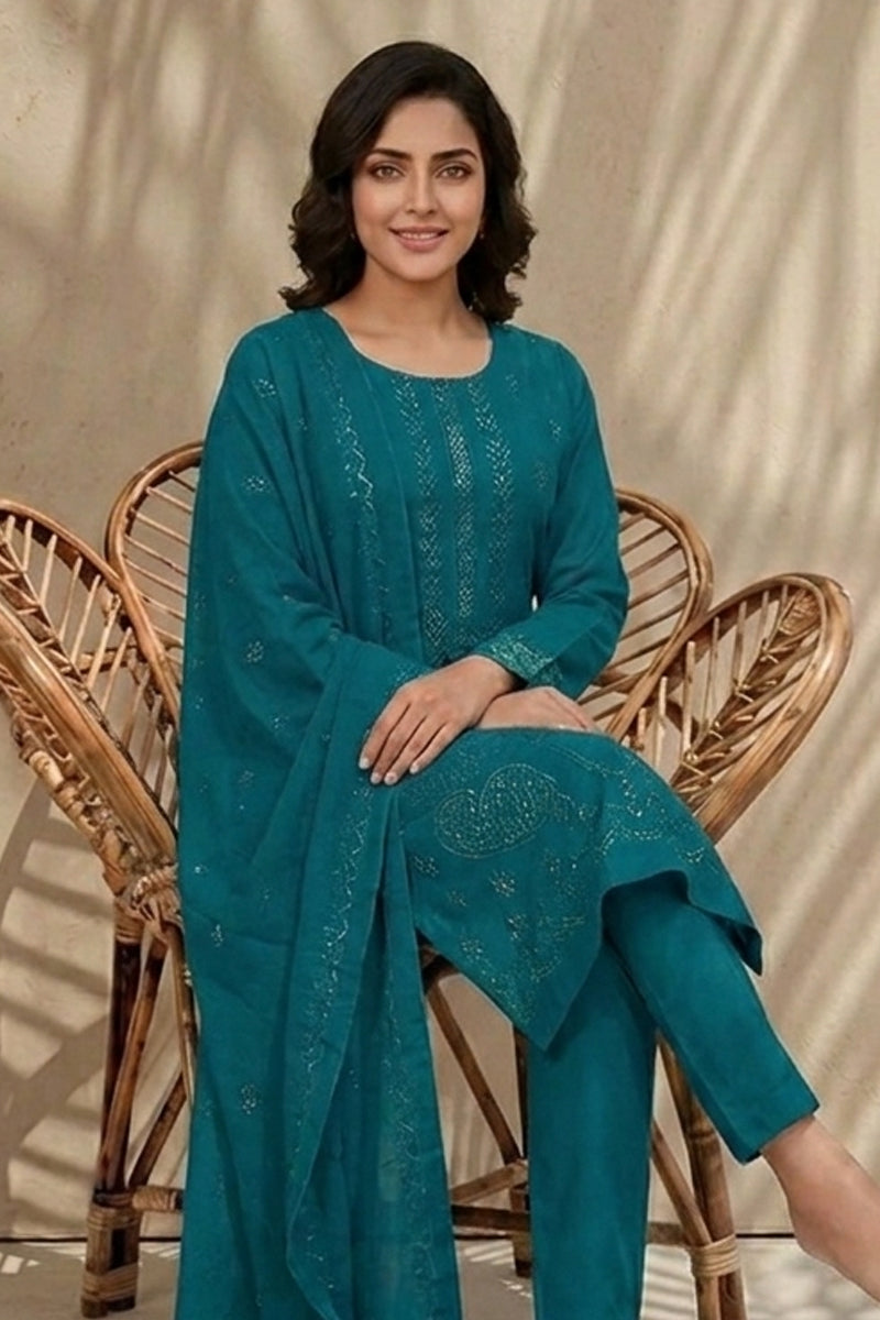 Maliha by Breeza Fashion - 3PC Unstitched Embroidered Lawn Suit (Teal Blue)