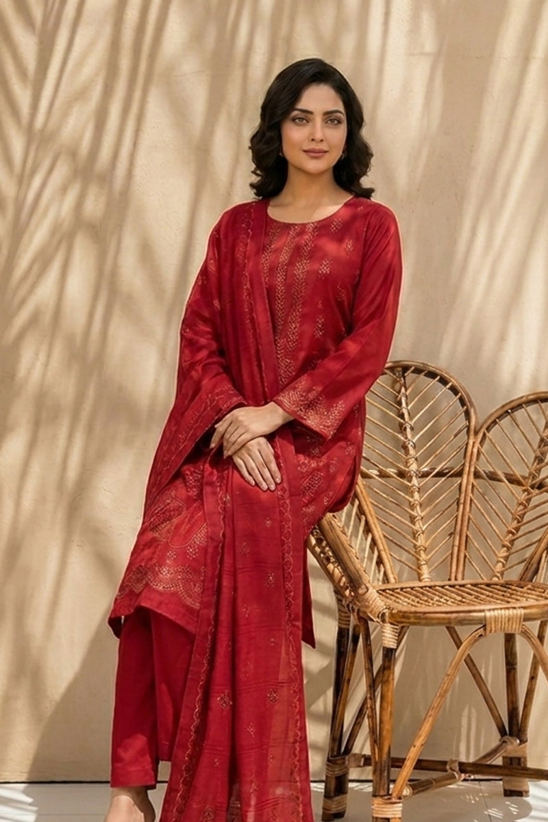 Maliha by Breeza Fashion - 3PC Unstitched Embroidered Lawn Suit (Red)