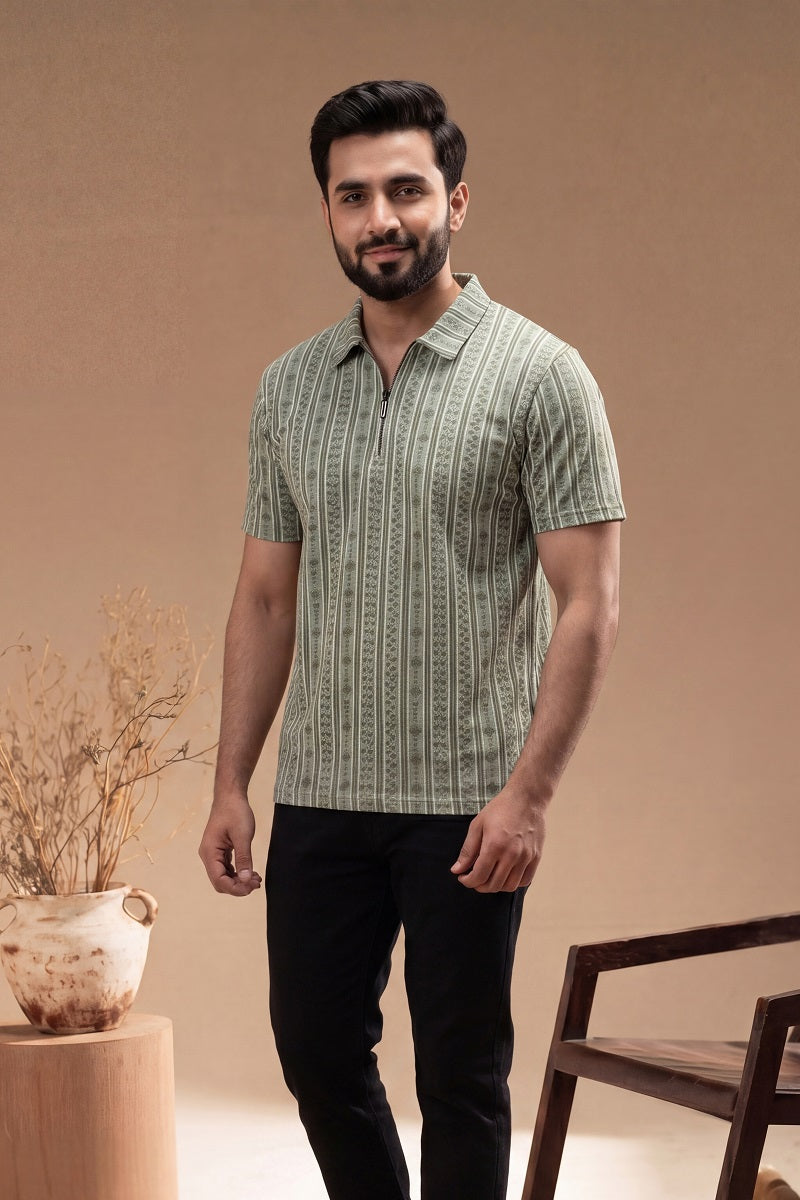 Men’s Vertical Stripe Old Money Polo Shirt | Zipper Coller (Pista)