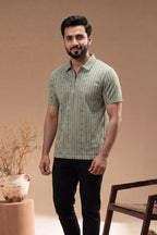 Men’s Vertical Stripe Old Money Polo Shirt | Zipper Coller (Pista)