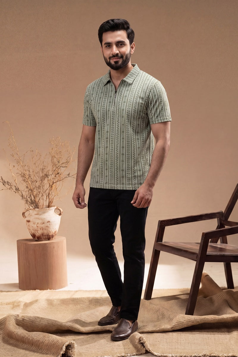 Men’s Vertical Stripe Old Money Polo Shirt | Zipper Coller (Pista)