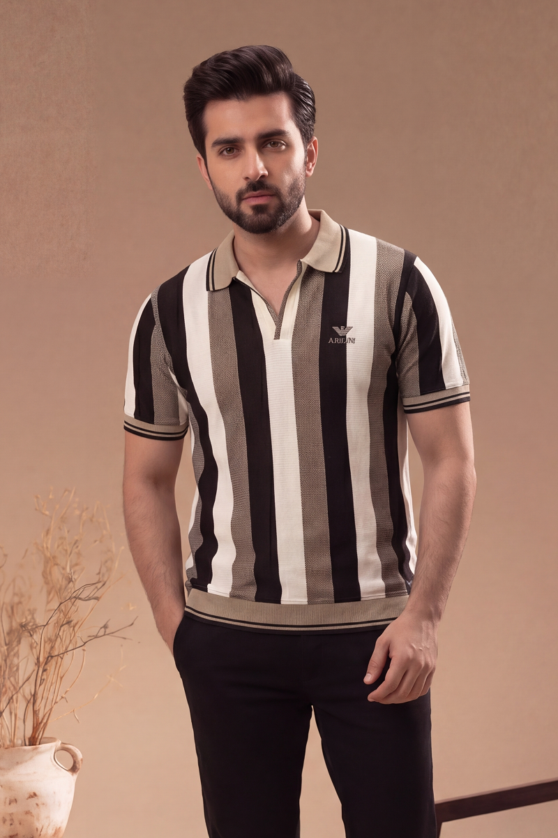 Men’s Vertical Stripe Old Money Polo Shirt | V Neck (Beige Black Cream)