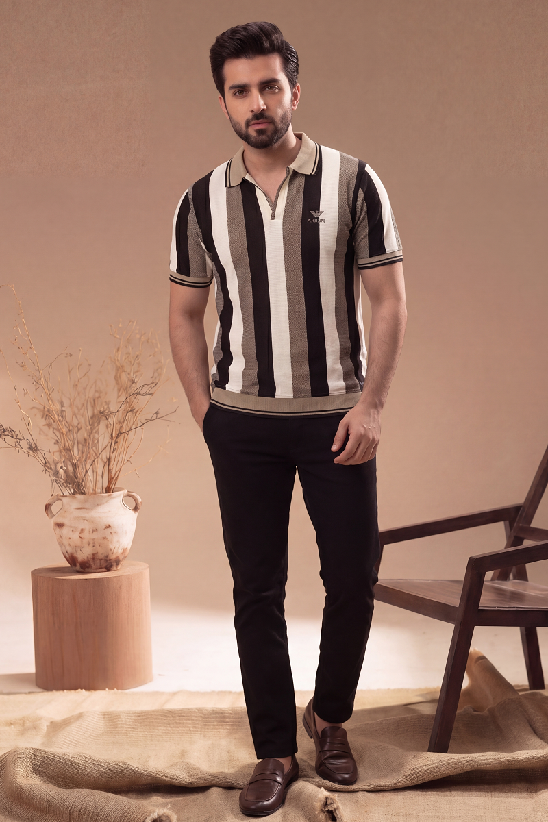 Men’s Vertical Stripe Old Money Polo Shirt | V Neck (Beige Black Cream)