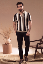 Men’s Vertical Stripe Old Money Polo Shirt | V Neck (Beige Black Cream)