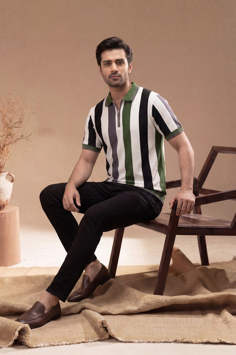 Men’s Vertical Stripe Old Money Polo Shirt | Zipper Coller (Black Green)