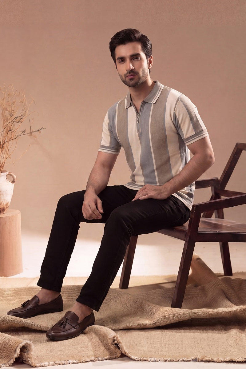 Men’s Vertical Stripe Old Money Polo Shirt | Zipper Coller (Brown Beige)