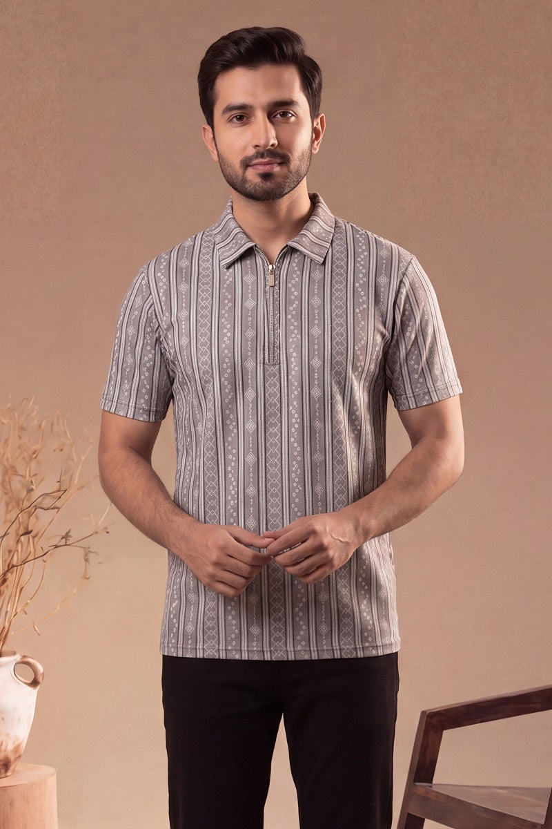 Men’s Vertical Stripe Old Money Polo Shirt | Zipper Coller (Gray)