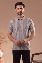 Men’s Vertical Stripe Old Money Polo Shirt | Zipper Coller (Gray)