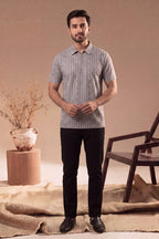 Men’s Vertical Stripe Old Money Polo Shirt | Zipper Coller (Gray)