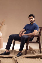 Men’s Vertical Stripe Old Money Polo Shirt | Zipper Coller (Navy Blue)
