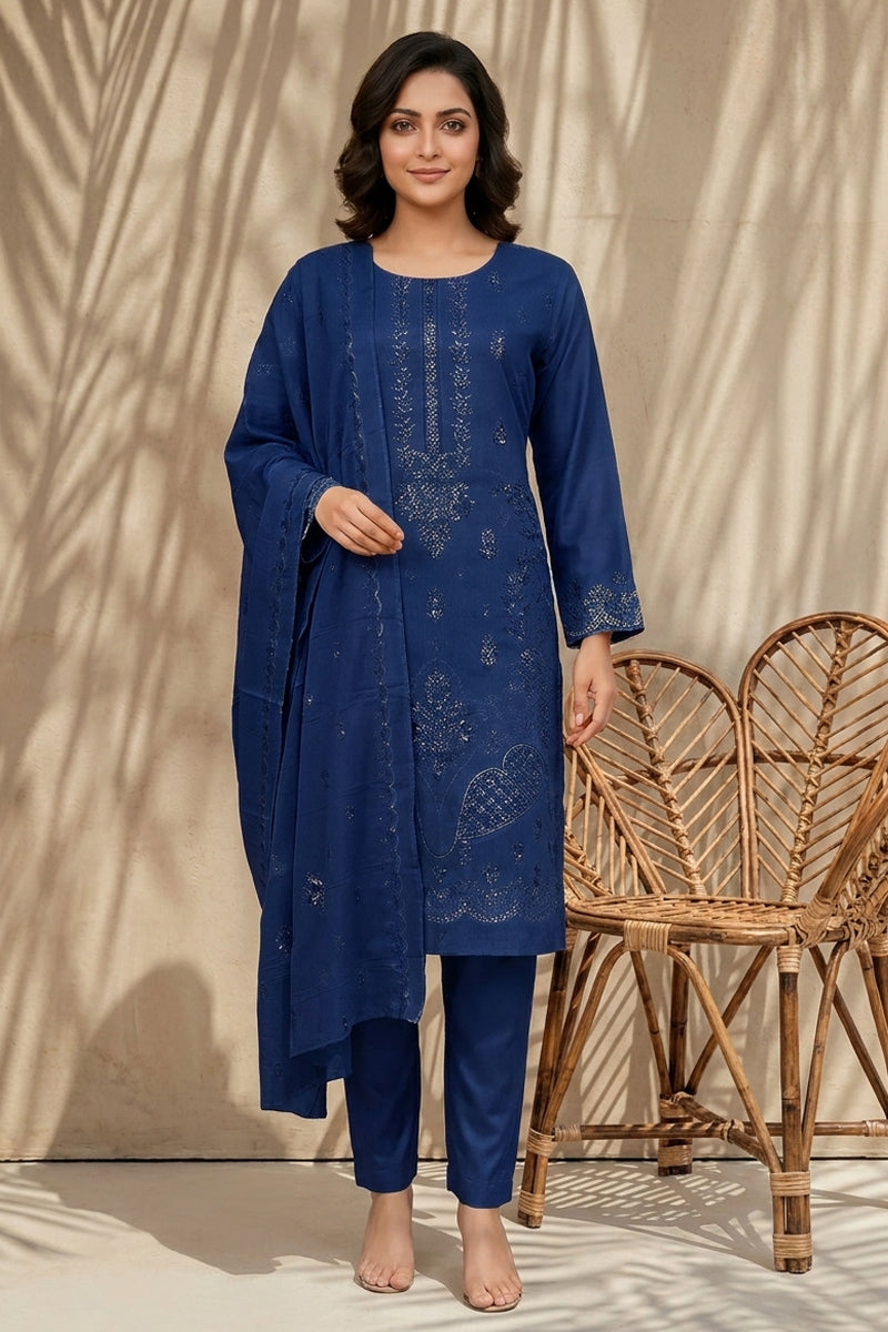 Maliha by Breeza Fashion - 3PC Unstitched Embroidered Lawn Suit (Navy Blue)