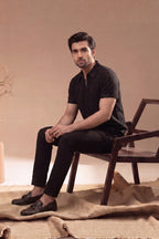 Men’s Vertical Stripe Old Money Polo Shirt | Zipper Coller (Black)